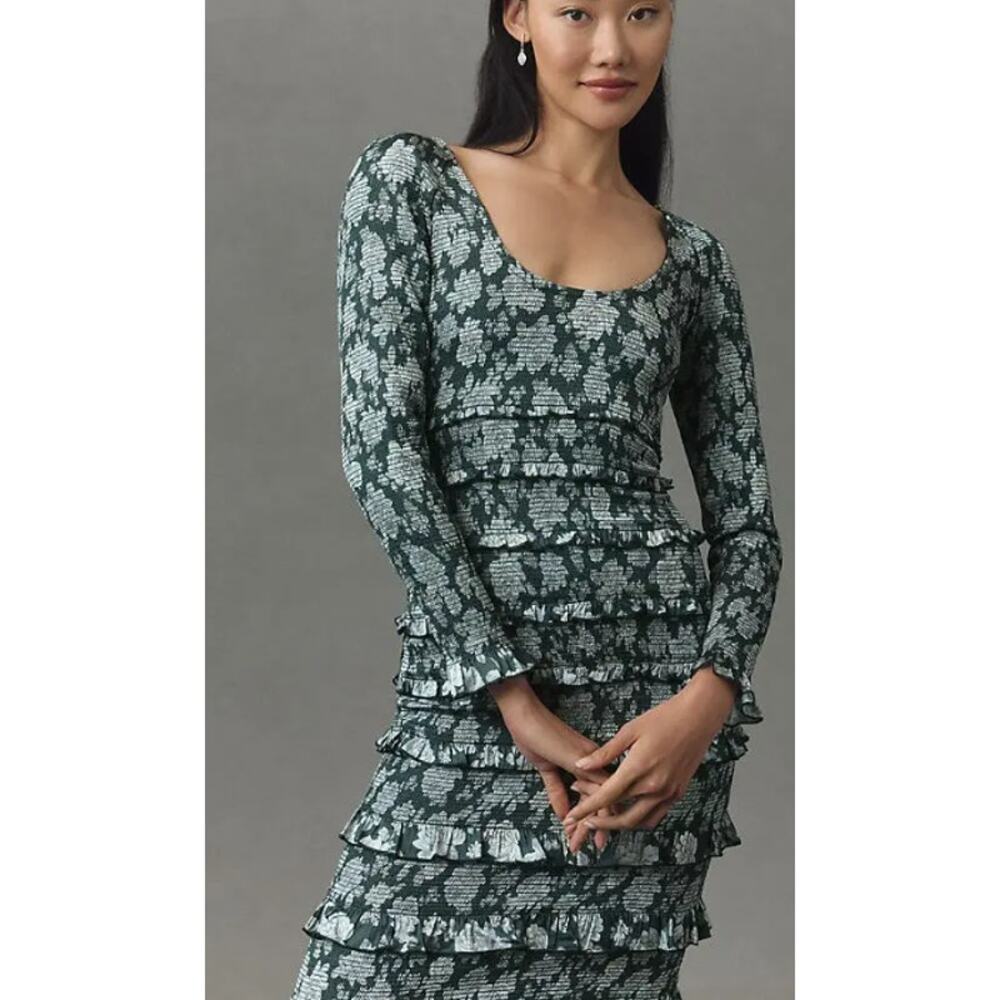 V. Chapman Lanie Long-Sleeve Scoop-Neck Ruched Ruffled Satin Maxi Dress Sz 0 Nwt